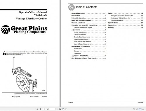 837 Great Plains Yield Pro Vantage I Fertilizer Coulter Operator Parts Manual