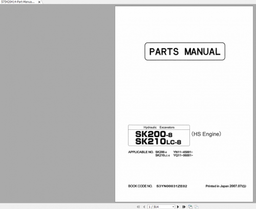 Kobelco Excavators SK200 8 SK210LC 8 Parts Manual S3YN0031ZE02 1