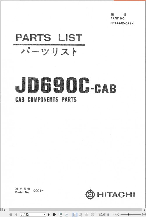 Hitachi Hydraulic Excavator JD690C CAB Cab Components Parts List EP144JD CA1 1 EN JP