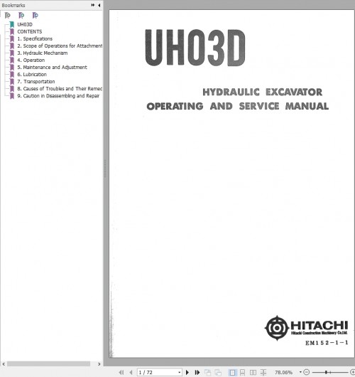 Hitachi Hydraulic Excavator UH03D Operating & Service Manual EM152 1 1