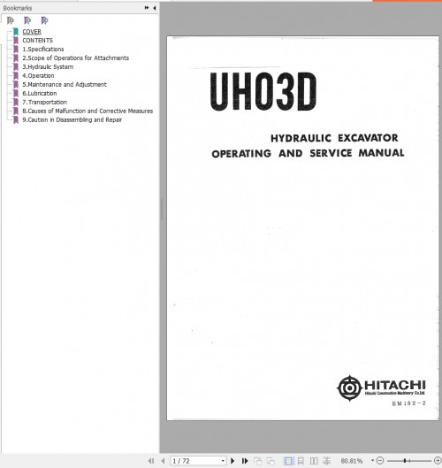 Hitachi Hydraulic Excavator UH03D Operating & Service Manual EM152 2