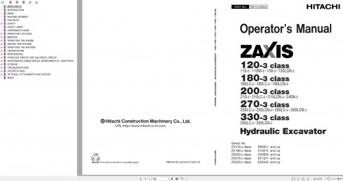 Hitachi Hydraulic Excavator ZX130LCN 3 Operators Manual & Parts Catalog