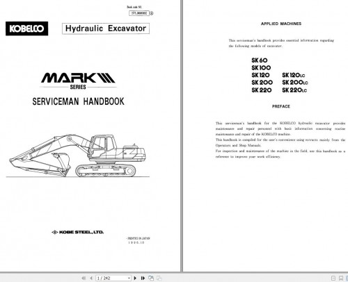 Kobelco Hydraulic Excavator SK60 to SK220LC Mark III Serviceman Handbook