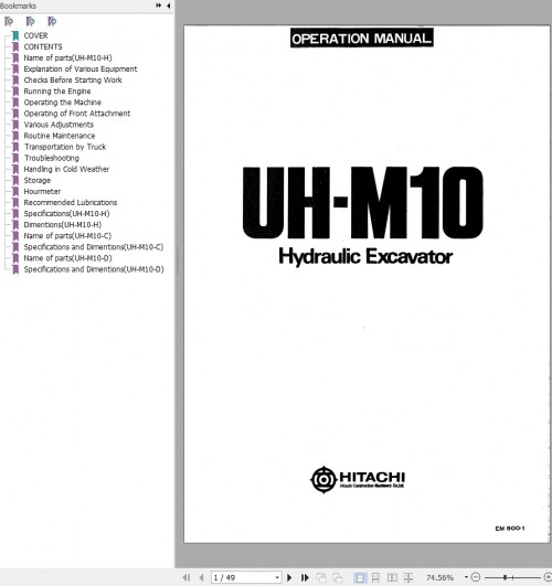 002 Hitachi Hydraulic Excavator UH M10 Operation Manual EM800 1