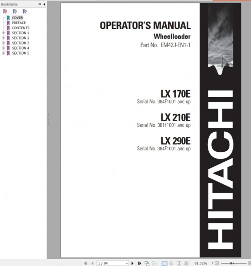 Hitachi Wheel Loader LX210E Operator's Manual EM42J EN1 1