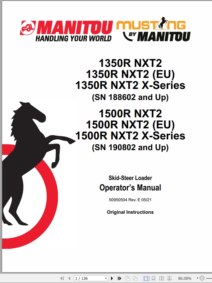 Mustang Skid Steer Loader 1350R NXT2 to 1500R NXT2 XSeries Operator