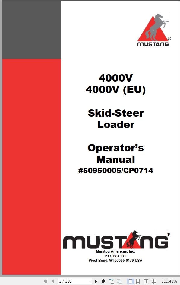 Mustang Skid Steer Loader 4000V Operator Manual 50950005C Auto Repair