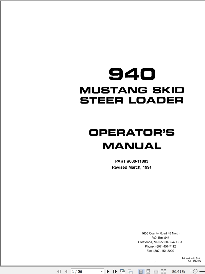 Mustang Skid Steer Loader 940 Operator Manual 000-11883A | Auto Repair ...