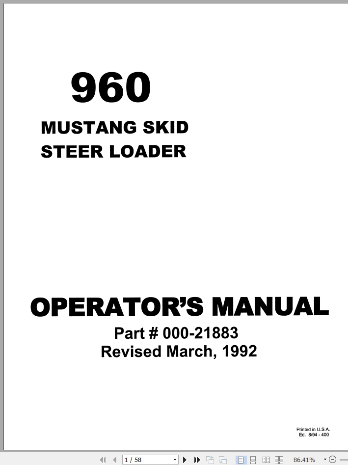 Mustang Skid Steer Loader 960 Operator Manual 000-21883A | Auto Repair ...