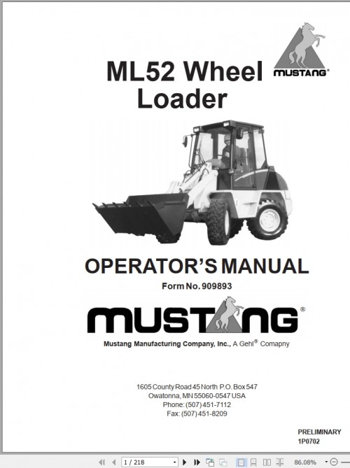 Mustang Wheel Loader ML52 Operator Manual 909893A
