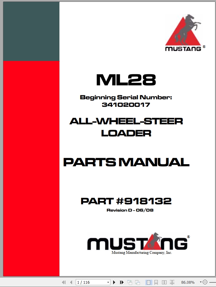 Mustang All Wheel Steer Loader ML28 Parts Manual 918132D | Auto Repair ...