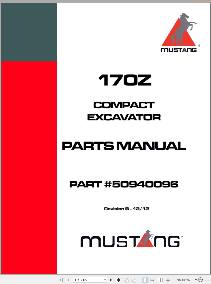 Mustang Compact Excavator 170Z Parts Manual 50940096B | Auto Repair ...