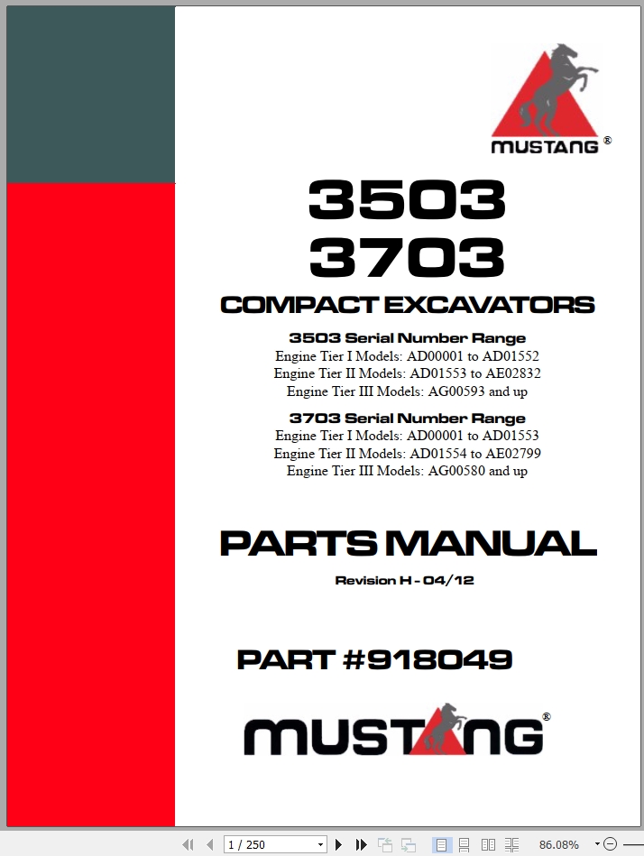 Mustang Compact Excavator 3503 3703 Parts Manual 918049H | Auto Repair ...