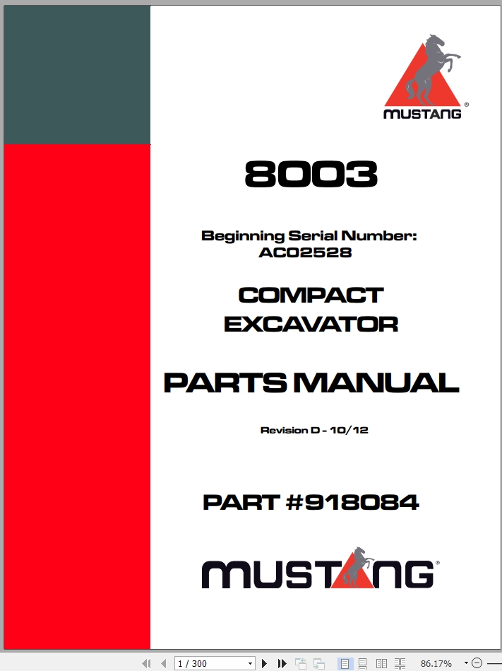 Mustang Compact Excavator 8003 Parts Manual 918084D | Auto Repair ...