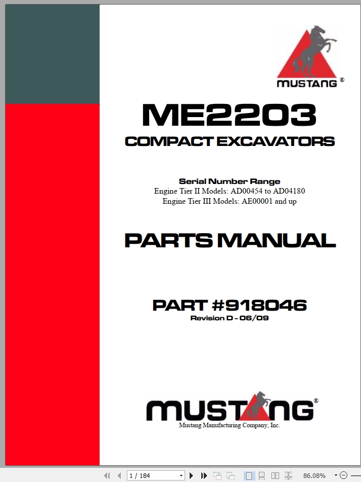 Mustang Compact Excavator ME2203 Parts Manual 918046D | Auto Repair ...