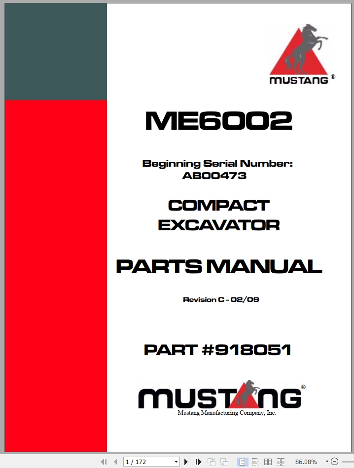 Mustang Compact Excavator ME6002 Parts Manual 918051C | Auto Repair ...