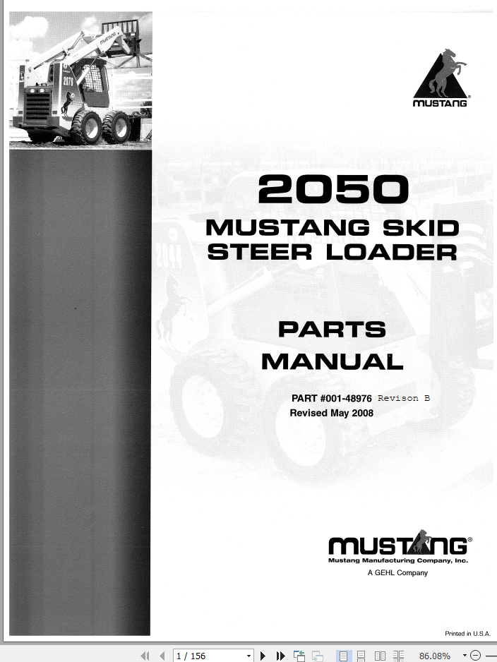 Mustang Skid Steer Loader 2050 Parts Manual 00148976B Auto Repair