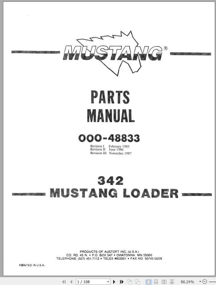 Mustang Skid Steer Loader 342 Parts Manual 000-48833 | Auto Repair ...