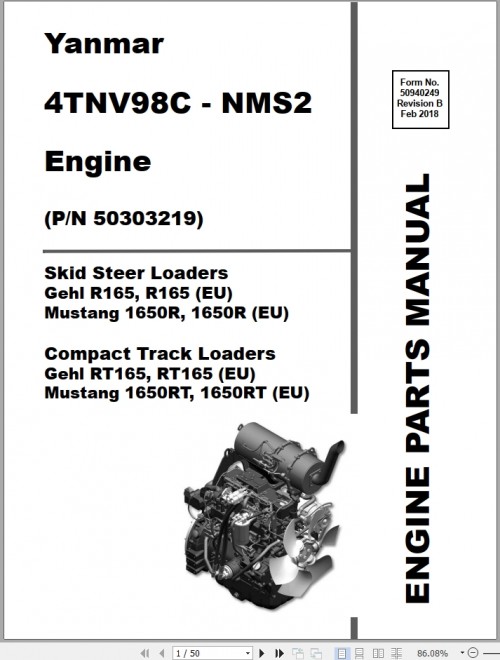 Yanmar Engine 4TNV98C NMS2 Parts Manual 50940249