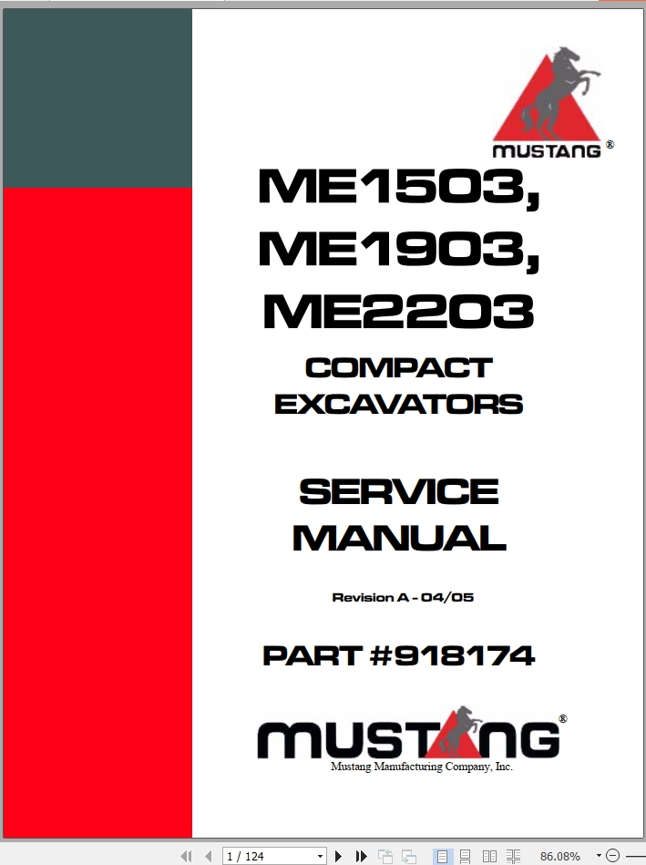 Mustang Excavator Me1503 Me1903 Me2203 Service Manual 918174a 