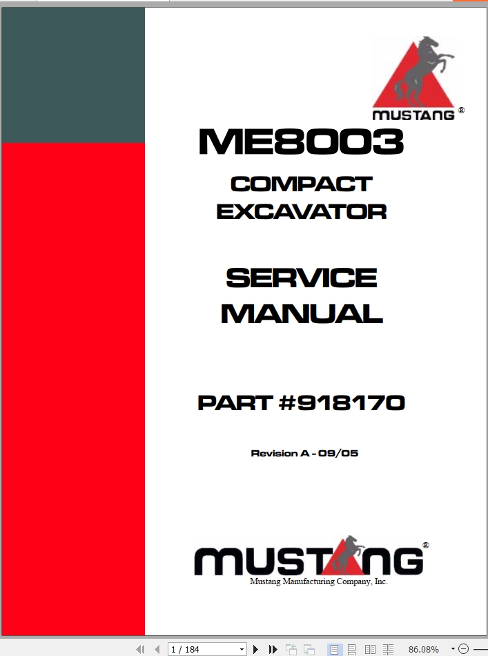 Mustang Excavator ME8003 Service Manual 918170A | Auto Repair Manual ...