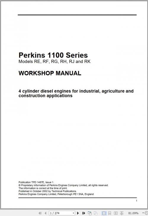 Perkins Engine 1100 Series Workshop Manual 917121