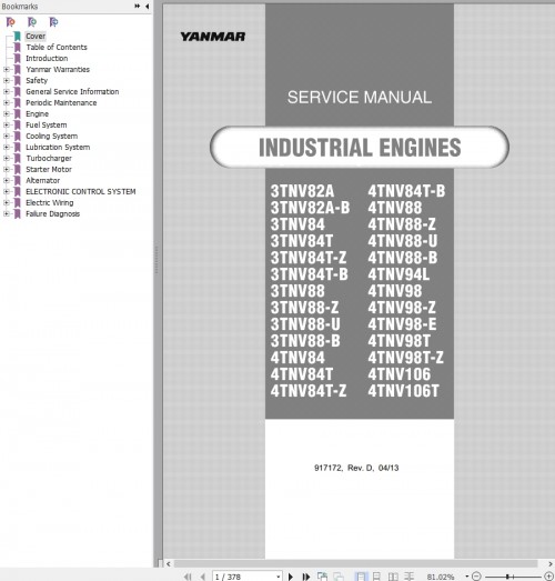 Yanmar Engines 3TNV82A to 4TNV106T Service Manual 917172D
