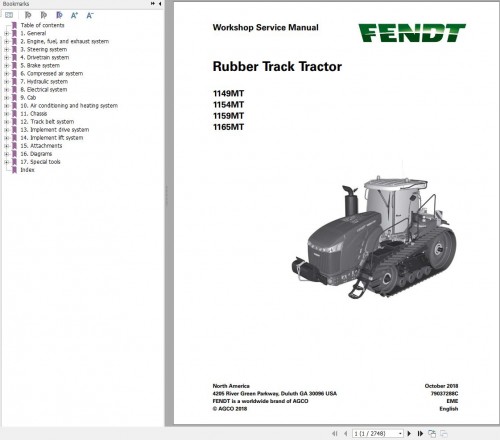 Fendt Rubber Track Tractor 1100 MT Workshop Service Manual 549517