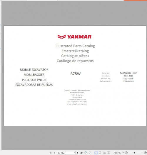 Yanmar Wheeled Excavator B75W Parts Catalog TW0754 5780400209 11.2019