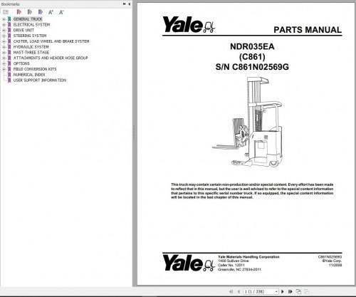 Yale Forklift NDR035EA Parts Manual C861N02569G