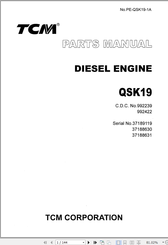 TCM Diesel Engine QSK19 Parts Manual PE-QSK19-1A | Auto Repair Manual ...