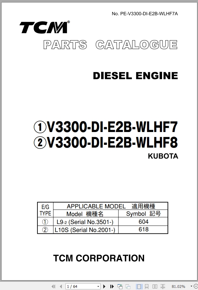 TCM Diesel Engine V3300-DI-E2B-WLHF7 V33DD-DI-E2B-WLHF8 Parts Manual EN ...