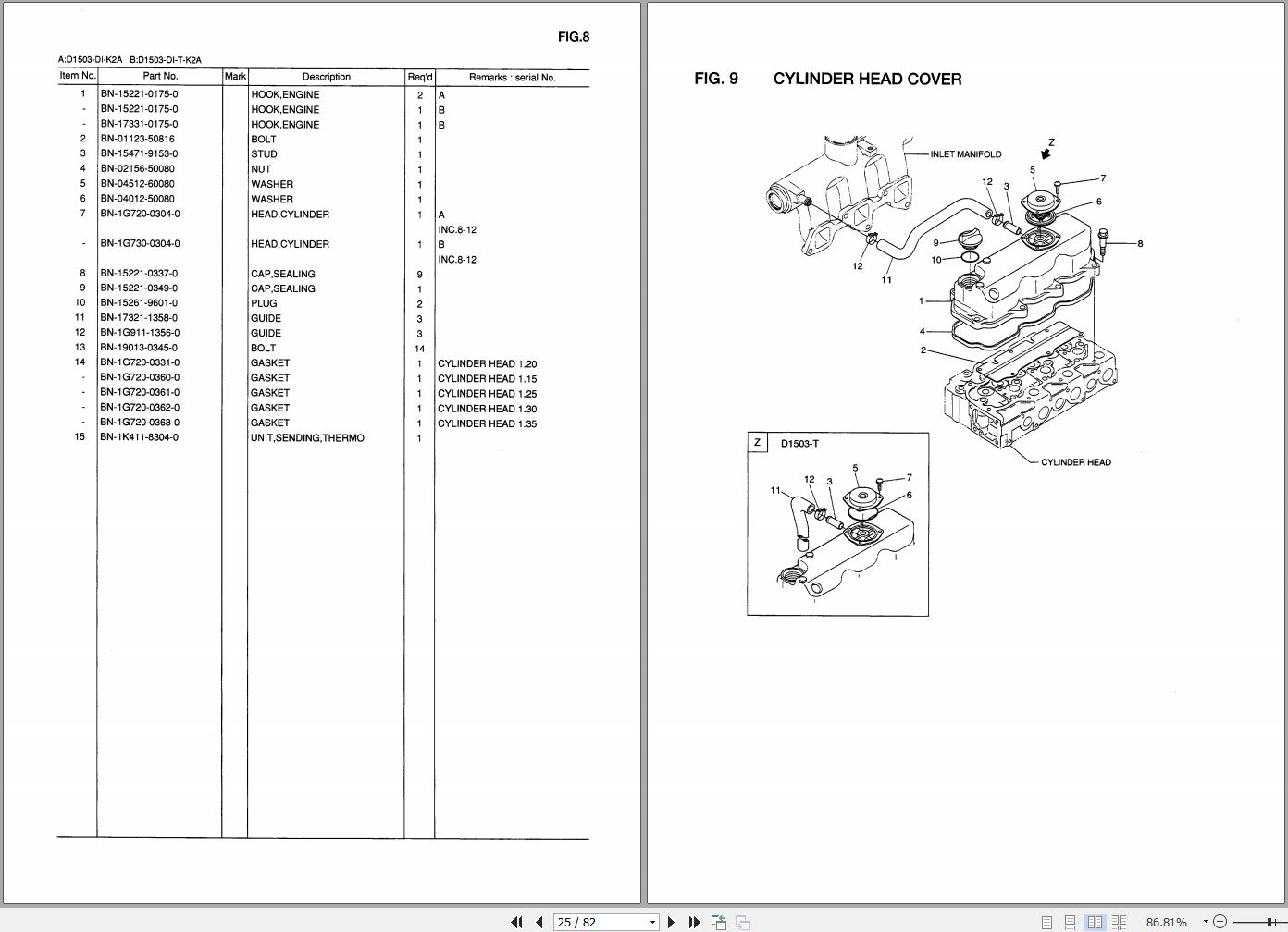 TCM Kubota Engine D1503-DI-K2A D1503-DI-T-K2A Parts Manual PE-D1503-DI ...