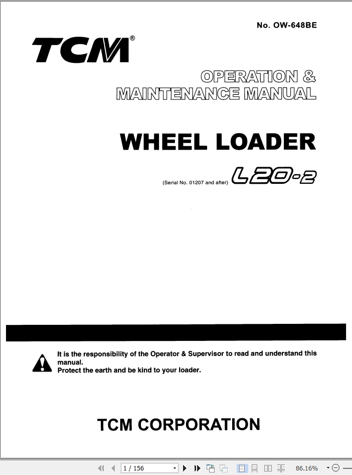 TCM Wheel Loader L20-2 Operation Maintenance Manual OW-648BE | Auto ...