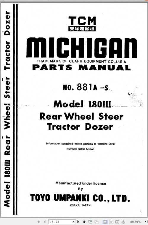 TCM Wheel Steer Tractor Dozer 180III Parts Manual