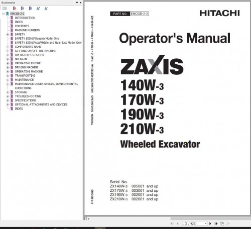 Hitachi Hydraulic Excavator ZX210W 3 Operator's and Maintenance Manual