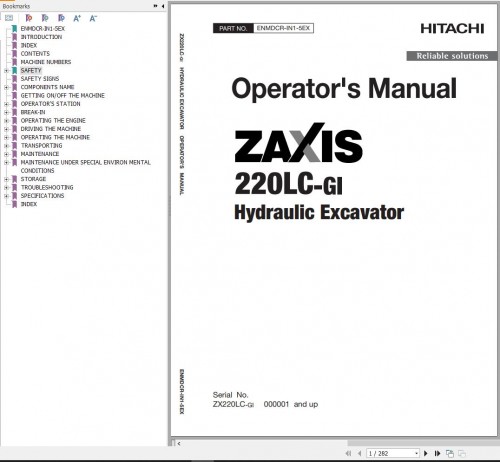 Hitachi Hydraulic Excavator ZX220LC GI Operator's Manual ENMDCR IN1 5EX