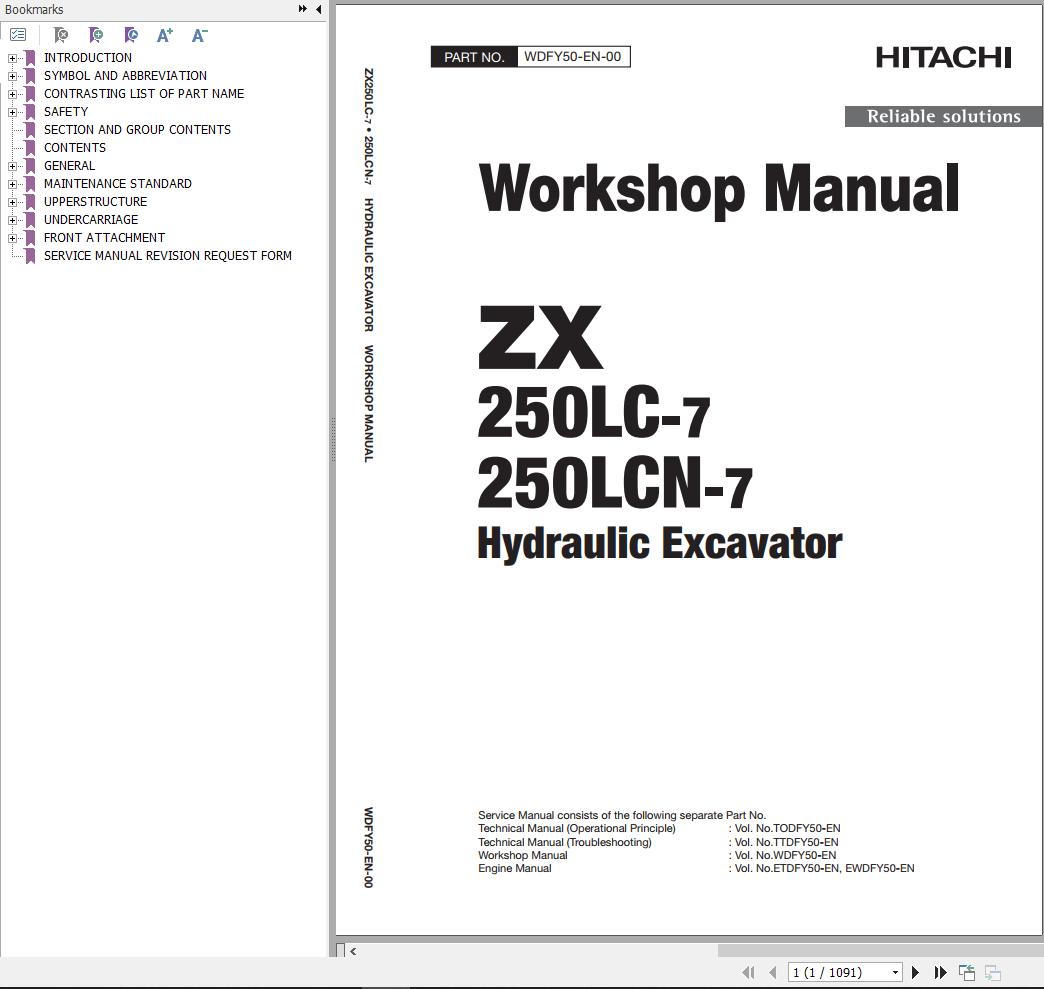 Hitachi Hydraulic Excavator ZX250LC-7 ZX250LCN-7 Workshop Manual | Auto ...