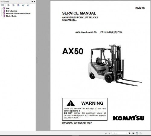 Komatsu Forklift FG15,18,20(A)HT 20 (AX50) Operation Maintenance Parts Service Manual 2