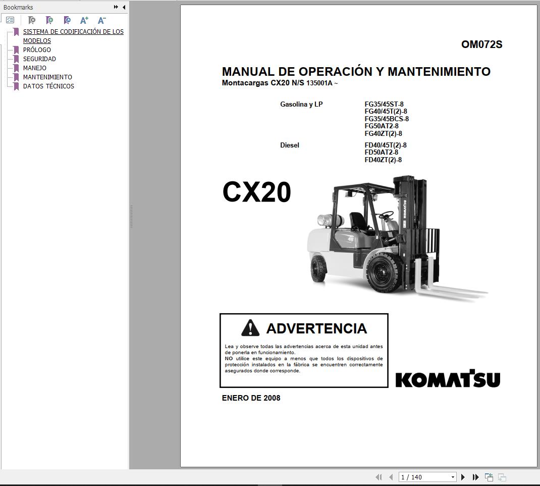 Komatsu Forklift FG(D)40,45,50(A)(C)(T)(Z)8 (CX20) Service Parts Shop
