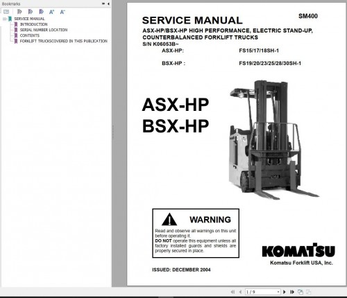 Komatsu Forklift FS15 to 30S(H) 1 (ASX BSX) Service Operation Manual