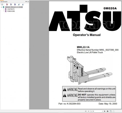 Komatsu Forklift MWL22 1A Operator Service Manual