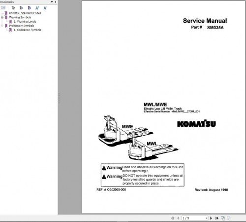 Komatsu Forklift MWL(E)25,31,36 1A (MW) Service Manual