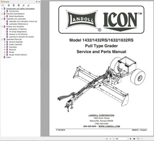 Landoll Icon Pull Typed Grader 1432 1432RS 1230 1632RS Service Parts Manual