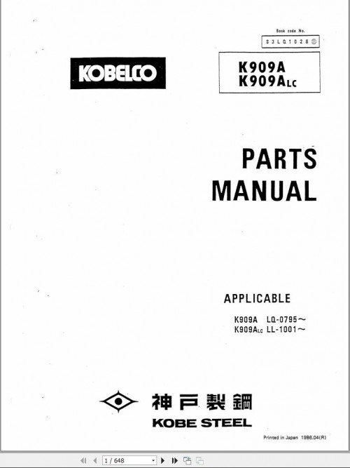 Kobelco Excavator K909A K909ALC Parts Catalog S3LQ1028