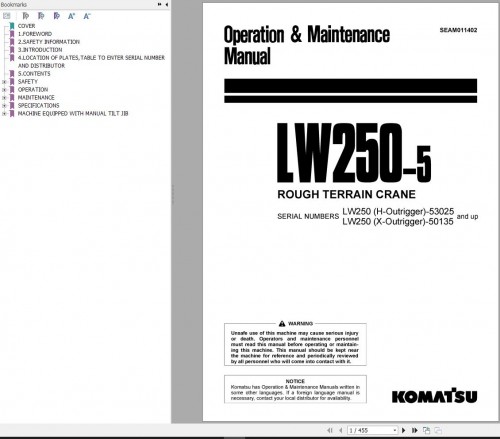 Komatsu Crane LW250 5 Operation and Maintenance Manual SEAM011402