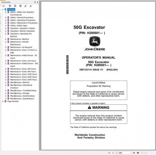 John Deere 50G Compact Excavator Operator Manual OMT333114 (1)