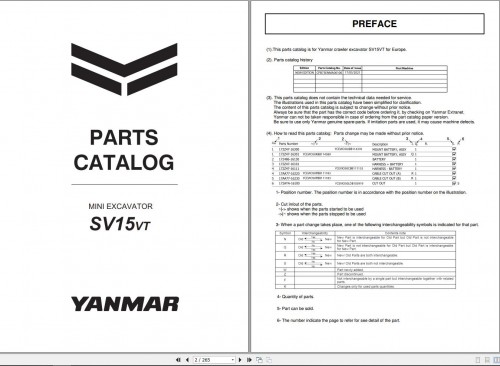 Yanmar Mini Excavator SV15VT Parts Catalog CPB73ENMA00100