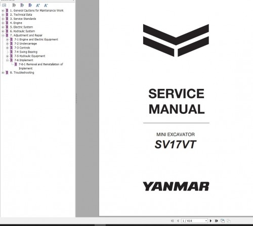 Yanmar Mini Excavator SV17VT Service Manual MMB74ENMA00100