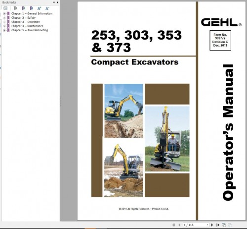 GEHL Compact Excavators 253 303 353 373 Operators Manual 909772G